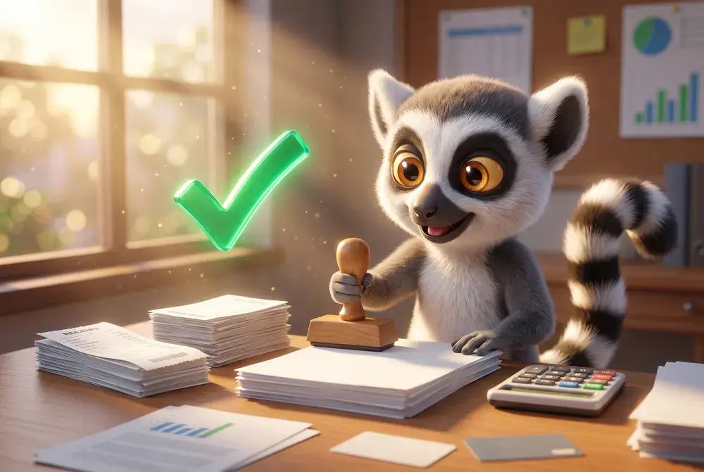 Lucas, la mascotte du Dojo, tamponne une pile de factures avec une coche verte et une calculatrice
