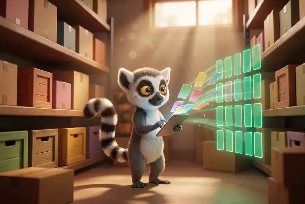 Lucas, la mascotte du Dojo, dans un entrepôt, range des cartes de données en colonnes ordonnées depuis sa tablette