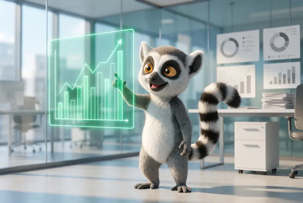 Lucas, la mascotte du Dojo, présente fièrement un graphique financier en hausse dans un bureau vitré lumineux