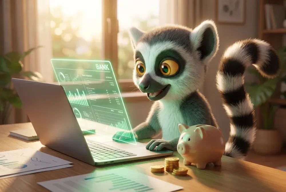 Lucas, la mascotte du Dojo, analyse un relevé bancaire sur son ordinateur, une tirelire et des pièces posées sur le bureau