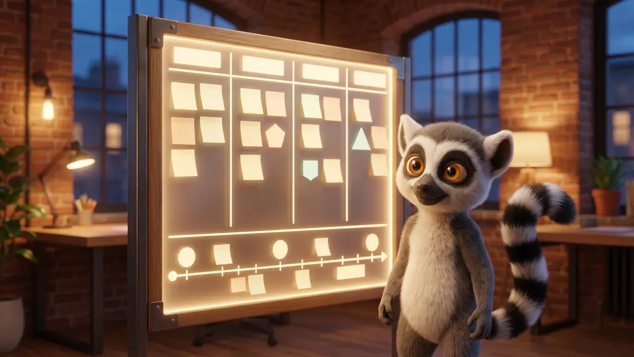 Lucas, la mascotte du Dojo, devant un tableau kanban de suivi de projets avec une frise chronologique