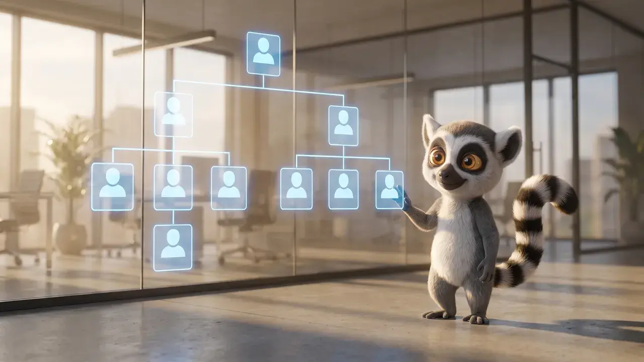 Lucas, la mascotte du Dojo, devant un organigramme RH holographique d'employés