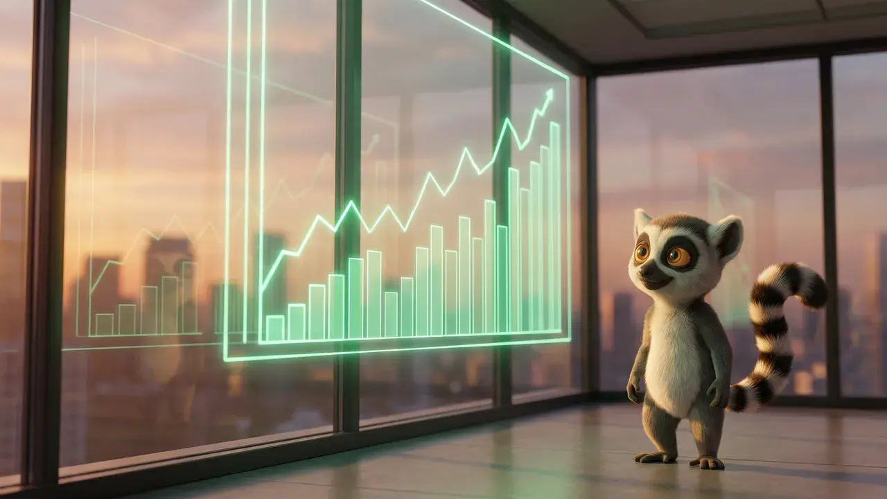 Lucas, la mascotte du Dojo, devant un tableau de bord de ventes aux courbes ascendantes vertes