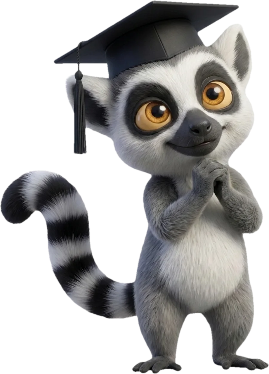 Mascotte lémurien du Dojo, toque de diplômé sur la tête, l'air songeur en se demandant quelle formation Excel choisir