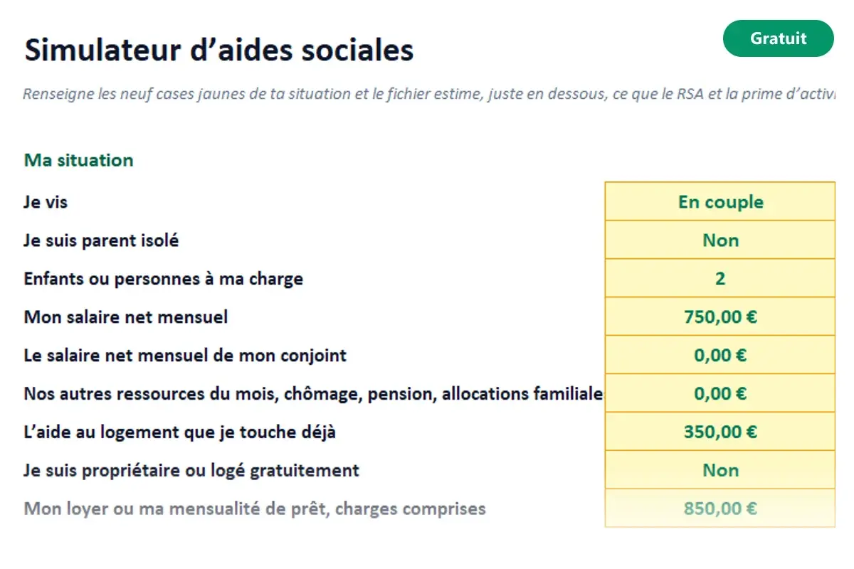 Aperçu du modèle Excel Simulateur d’aides sociales