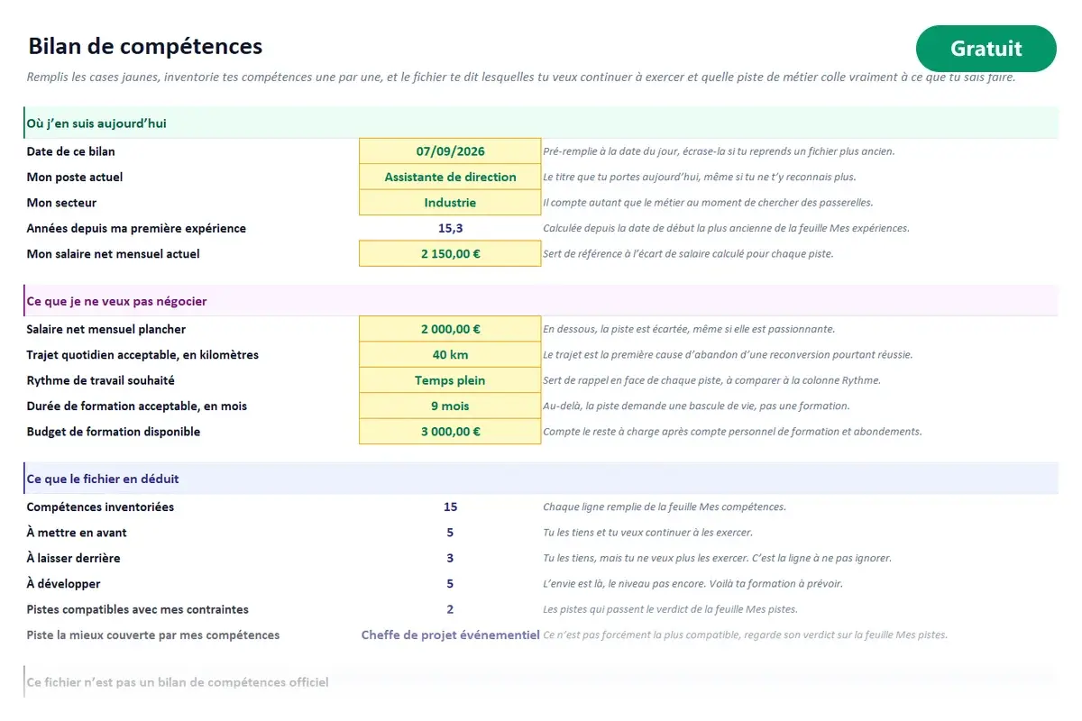 Aperçu du modèle Excel Bilan de compétences