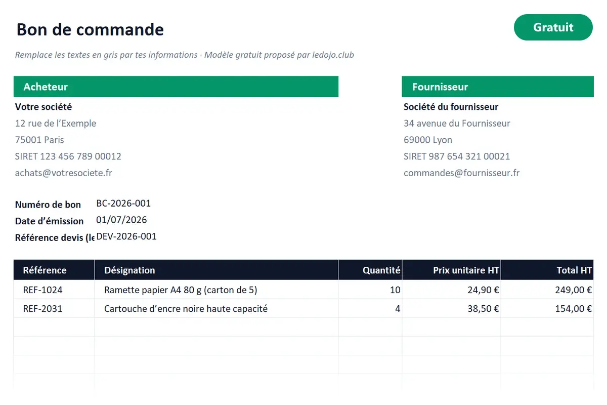 Aperçu du modèle Excel Bon de commande