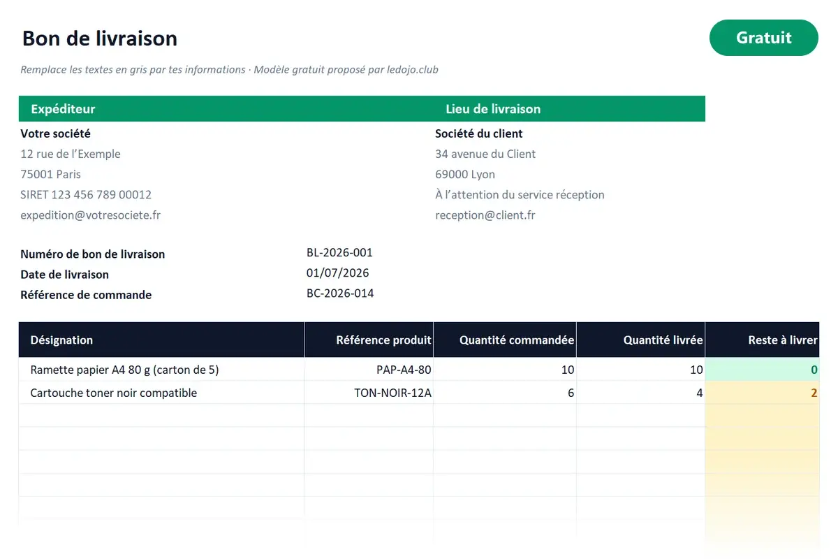 Aperçu du modèle Excel Bon de livraison
