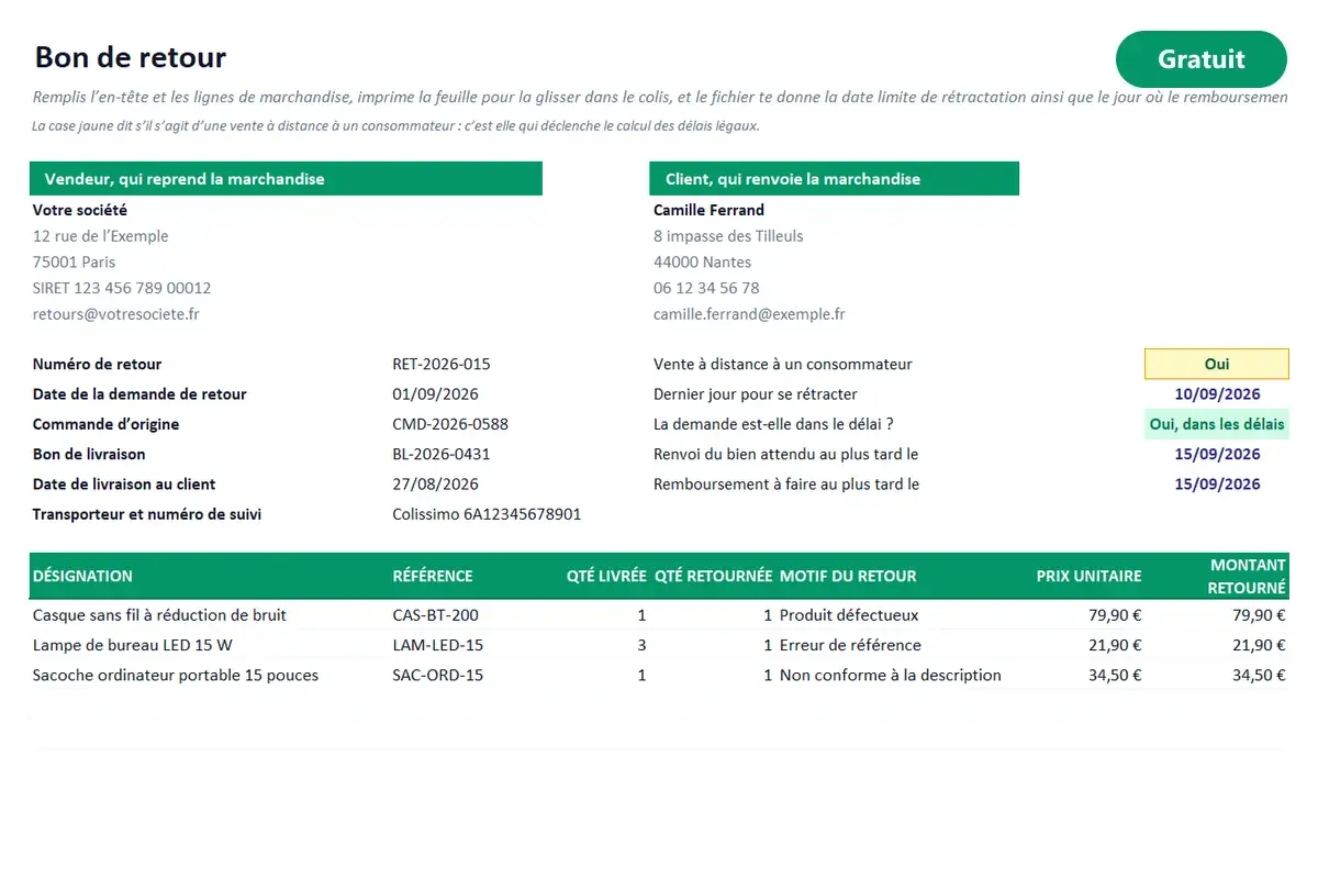 Aperçu du modèle Excel Bon de retour