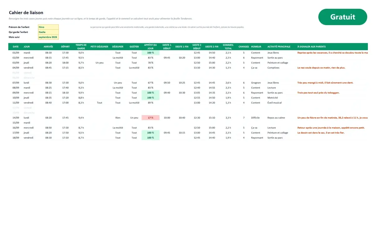 Aperçu du modèle Excel Cahier de liaison