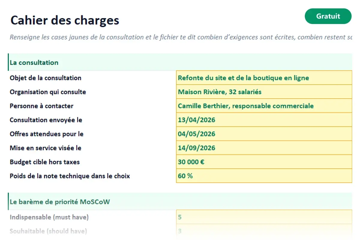 Aperçu du modèle Excel Cahier des charges