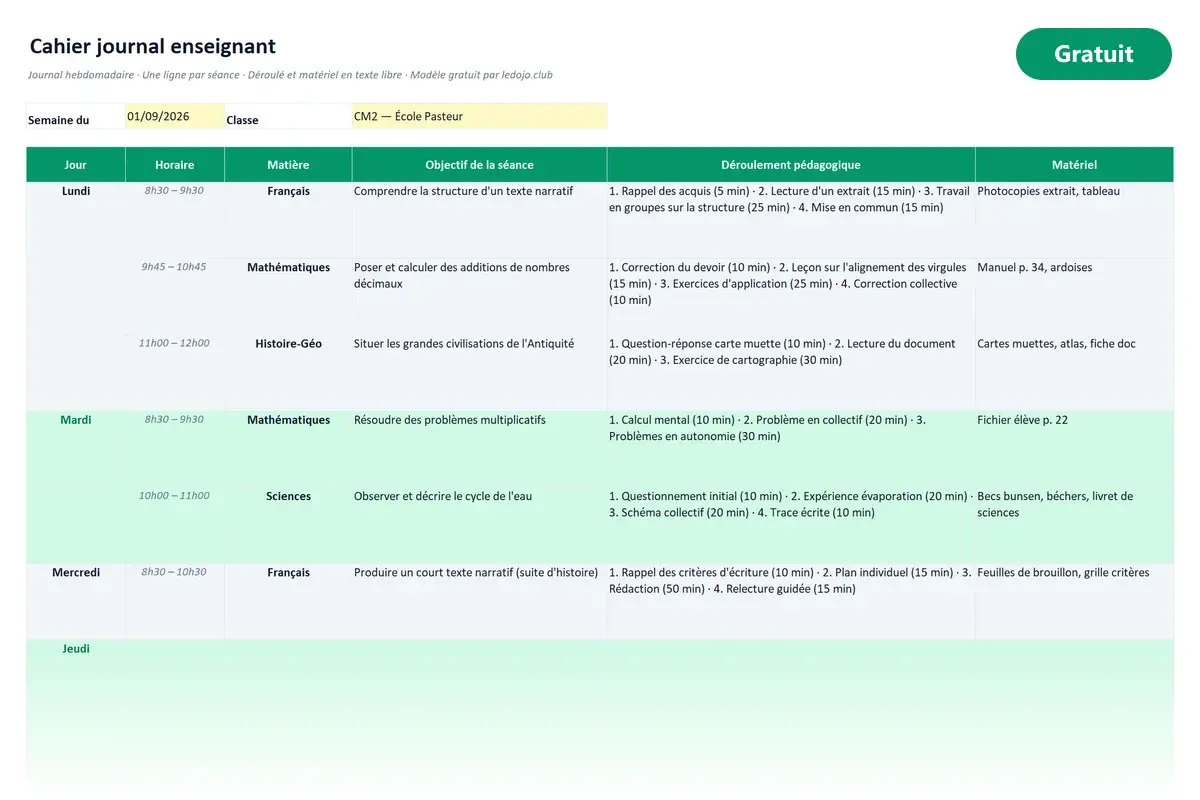 Aperçu du modèle Excel Cahier journal enseignant