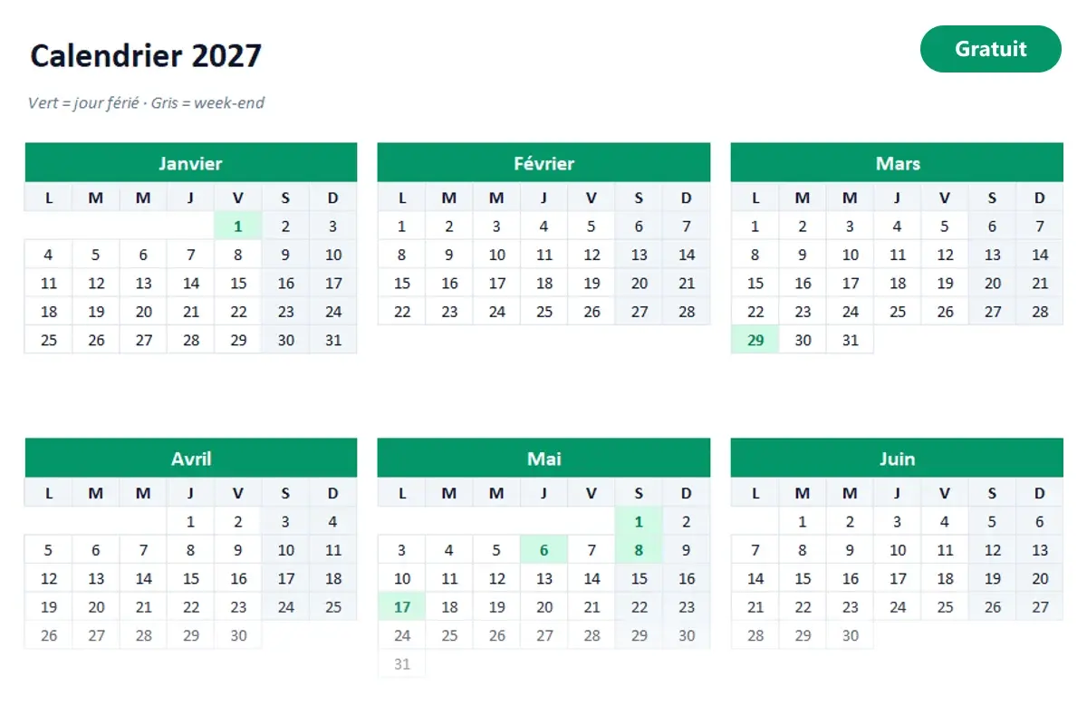 Aperçu du modèle Excel Calendrier 2027