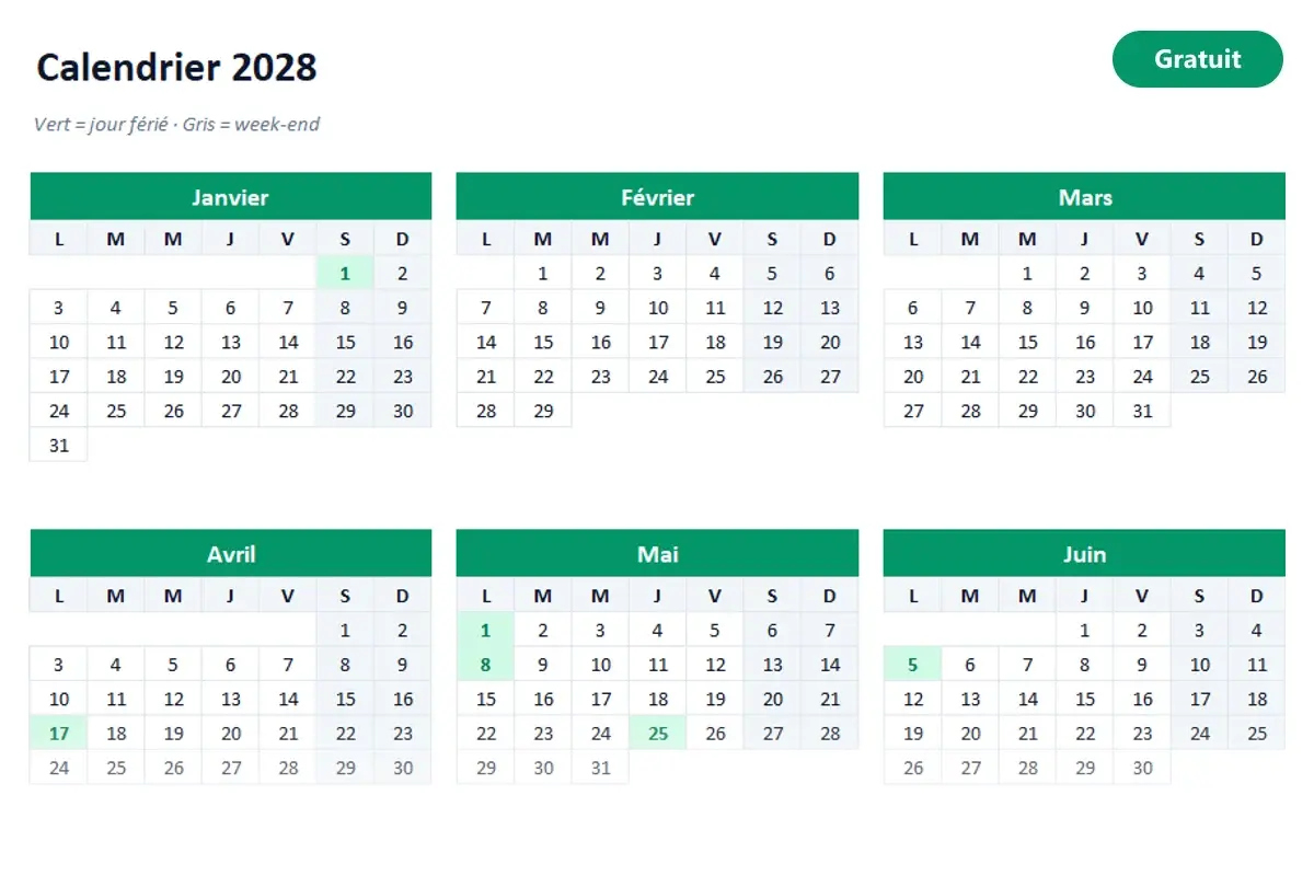 Aperçu du modèle Excel Calendrier 2028