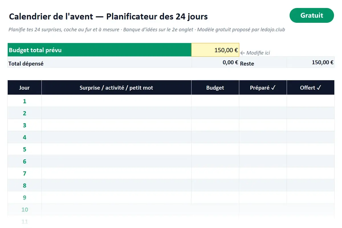 Aperçu du modèle Excel Calendrier de l'avent