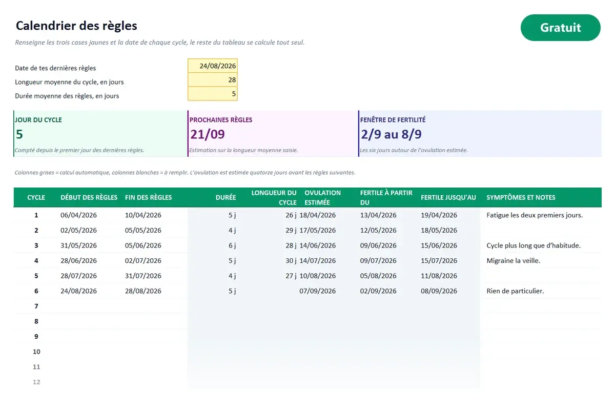 Aperçu du modèle Excel Calendrier des règles