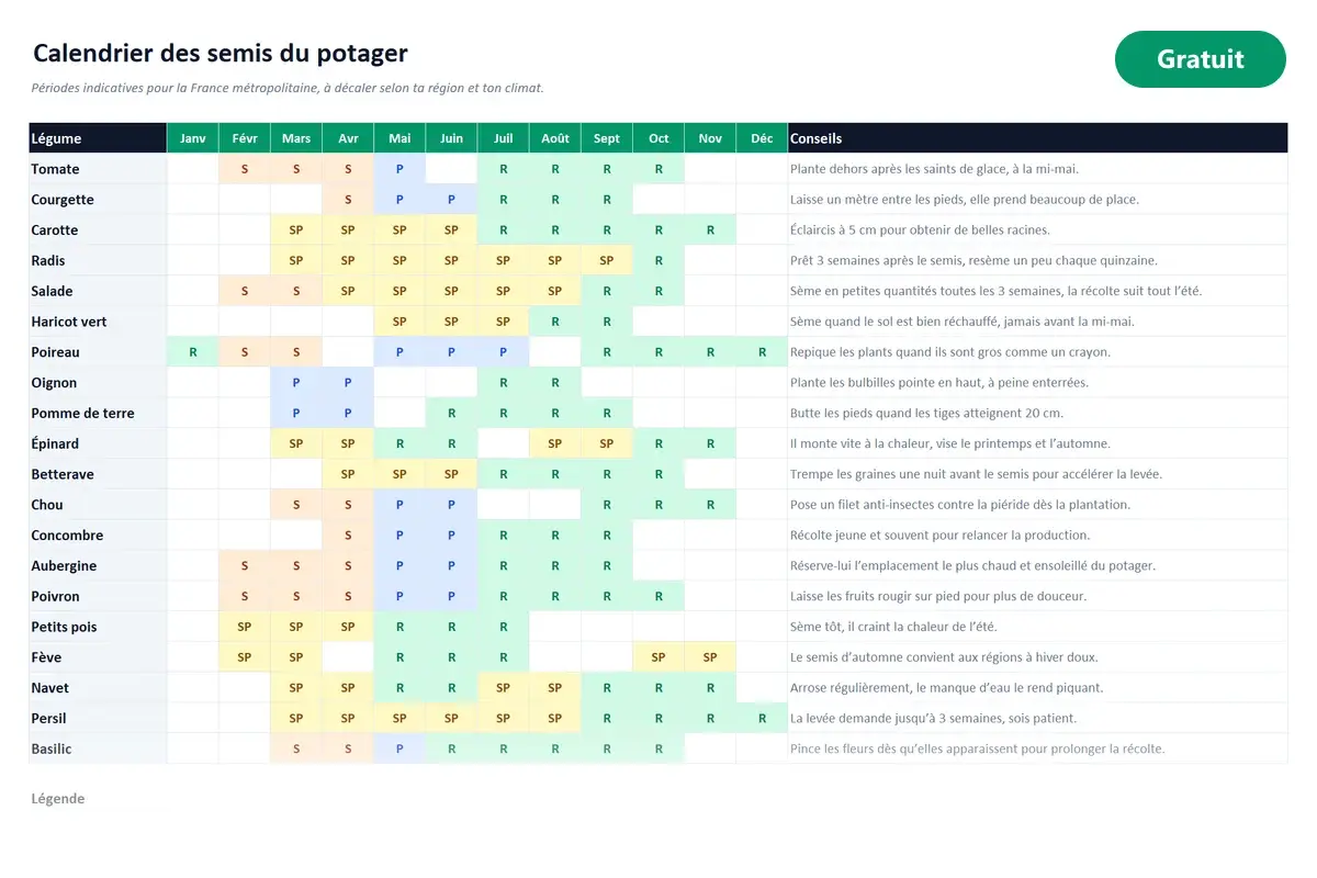 Aperçu du modèle Excel Calendrier des semis