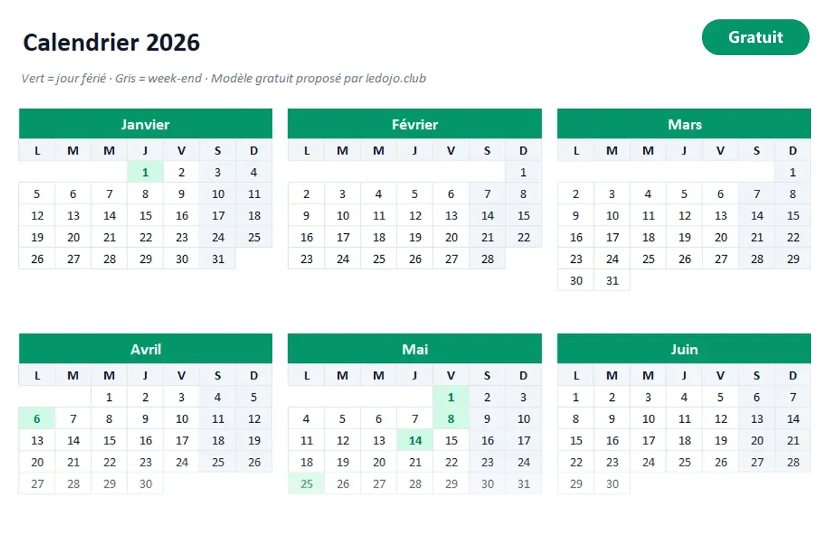 Aperçu du modèle Excel Calendrier 2026