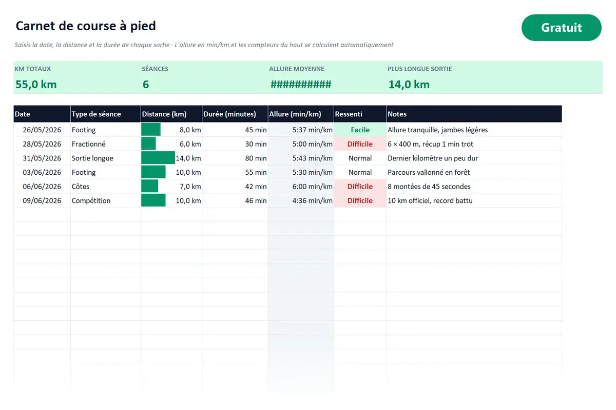 Aperçu du modèle Excel Carnet de course à pied
