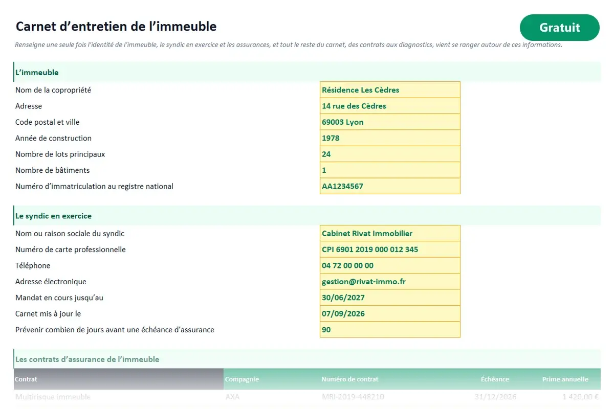 Aperçu du modèle Excel Carnet d'entretien de l'immeuble