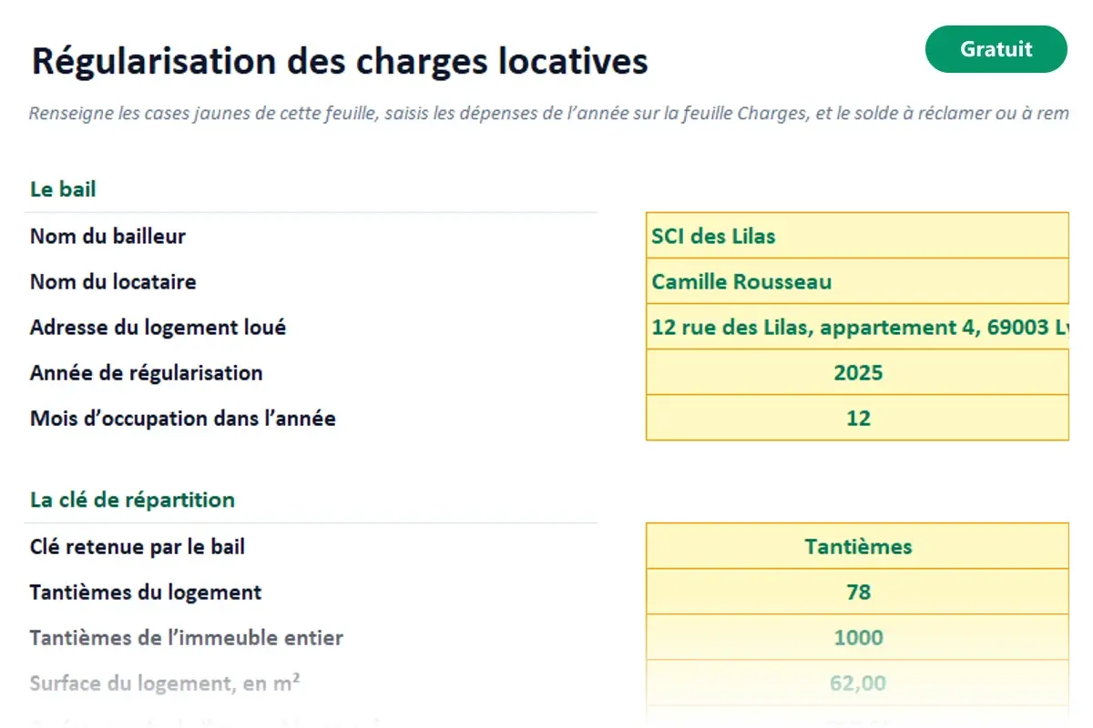 Aperçu du modèle Excel Régularisation des charges locatives