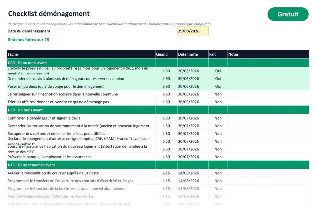 Aperçu du modèle Excel Checklist déménagement