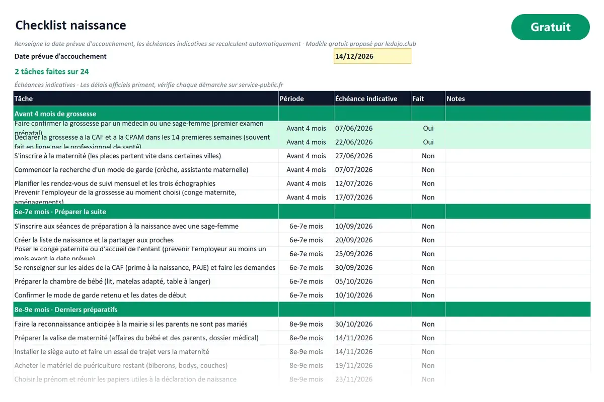 Aperçu du modèle Excel Checklist naissance