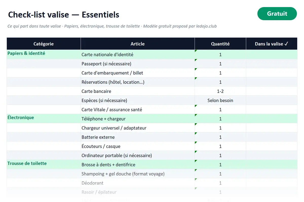 Aperçu du modèle Excel Check-list valise