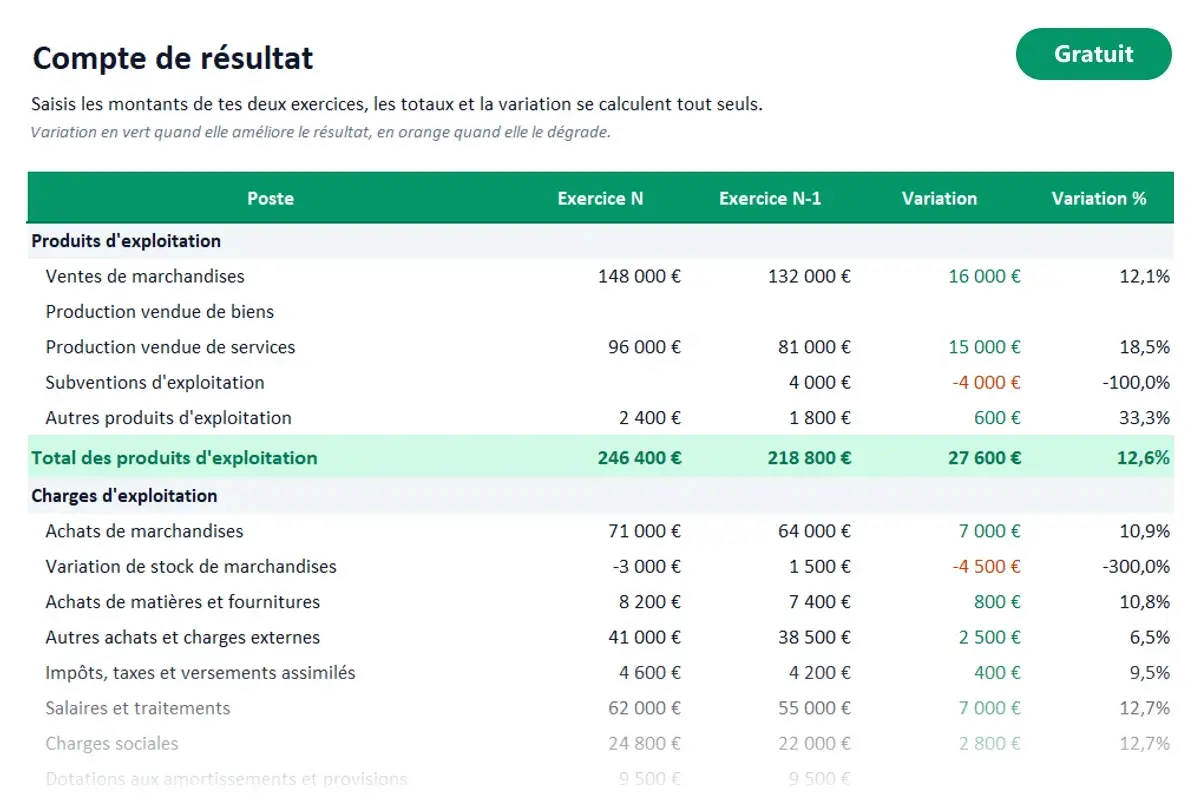 Aperçu du modèle Excel Compte de résultat et bilan