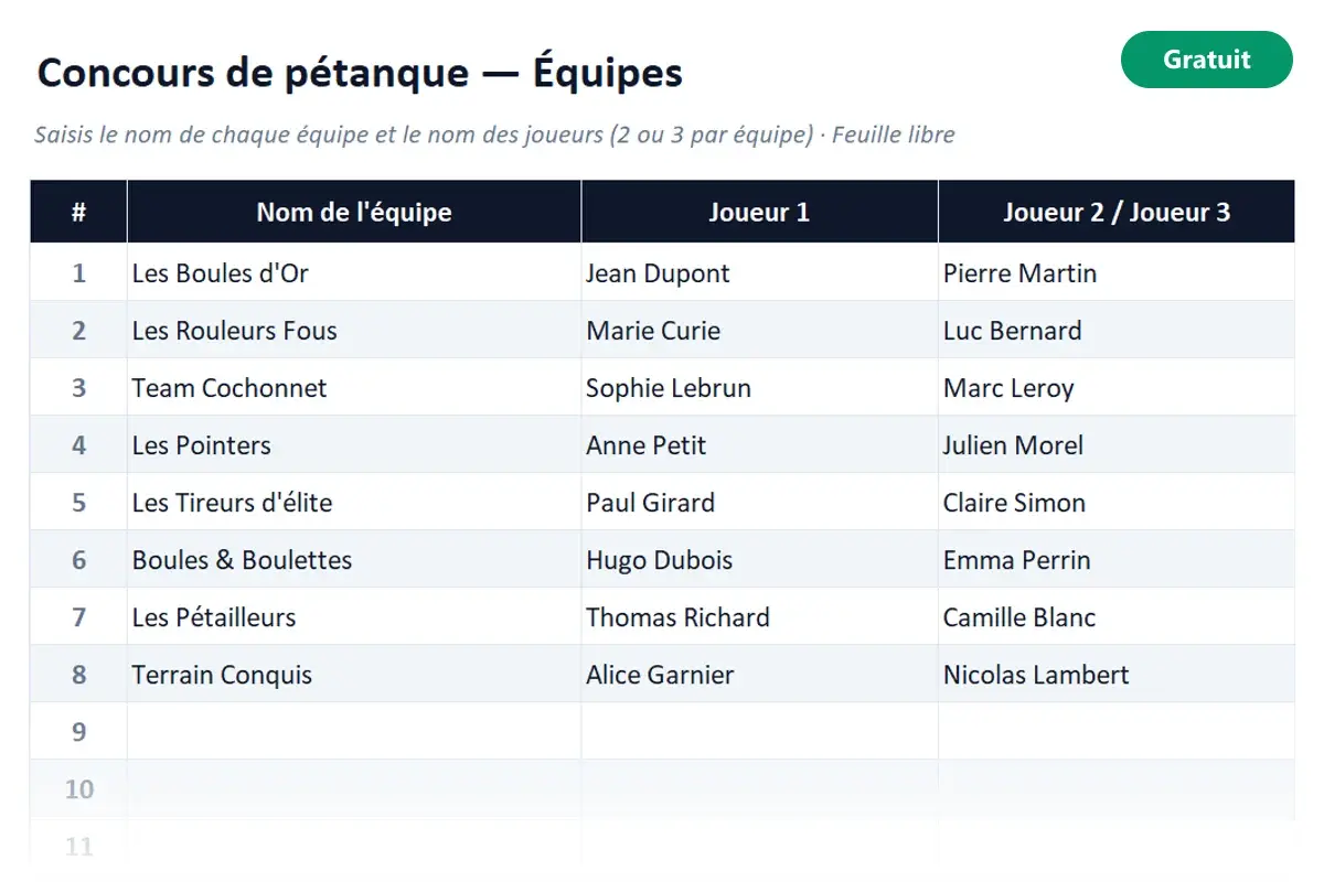 Aperçu du modèle Excel Organisation de concours de pétanque