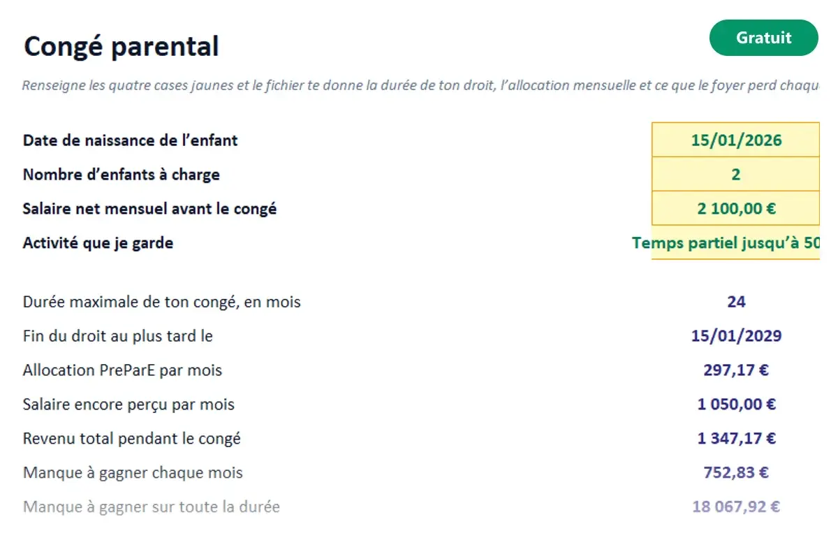 Aperçu du modèle Excel Congé parental