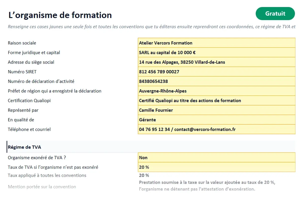 Aperçu du modèle Excel Convention de formation