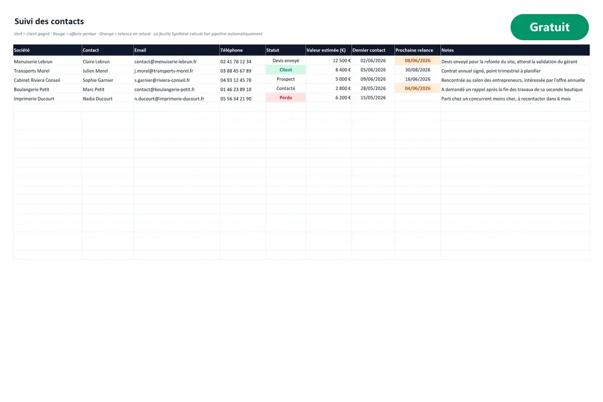 Aperçu du modèle Excel CRM simple