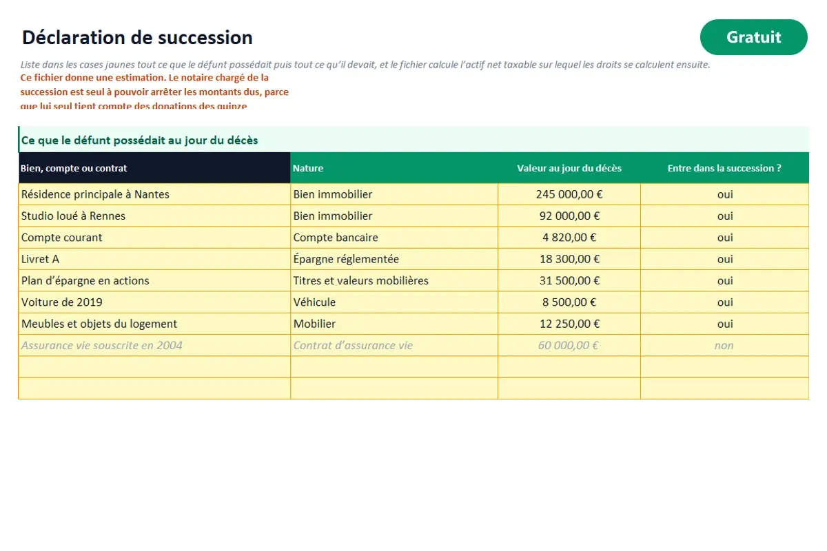 Aperçu du modèle Excel Déclaration de succession