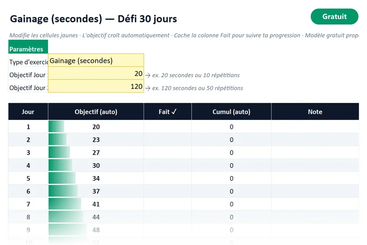 Aperçu du modèle Excel Défi 30 jours