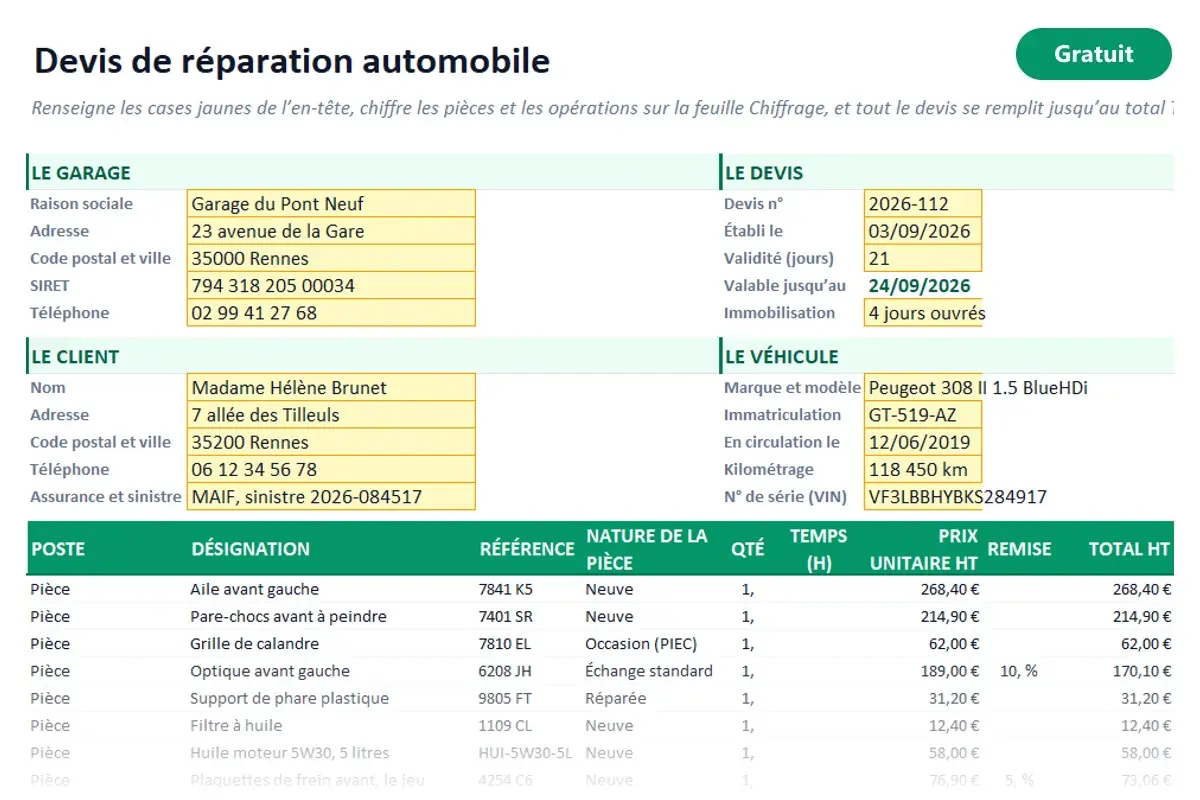 Aperçu du modèle Excel Devis de réparation automobile