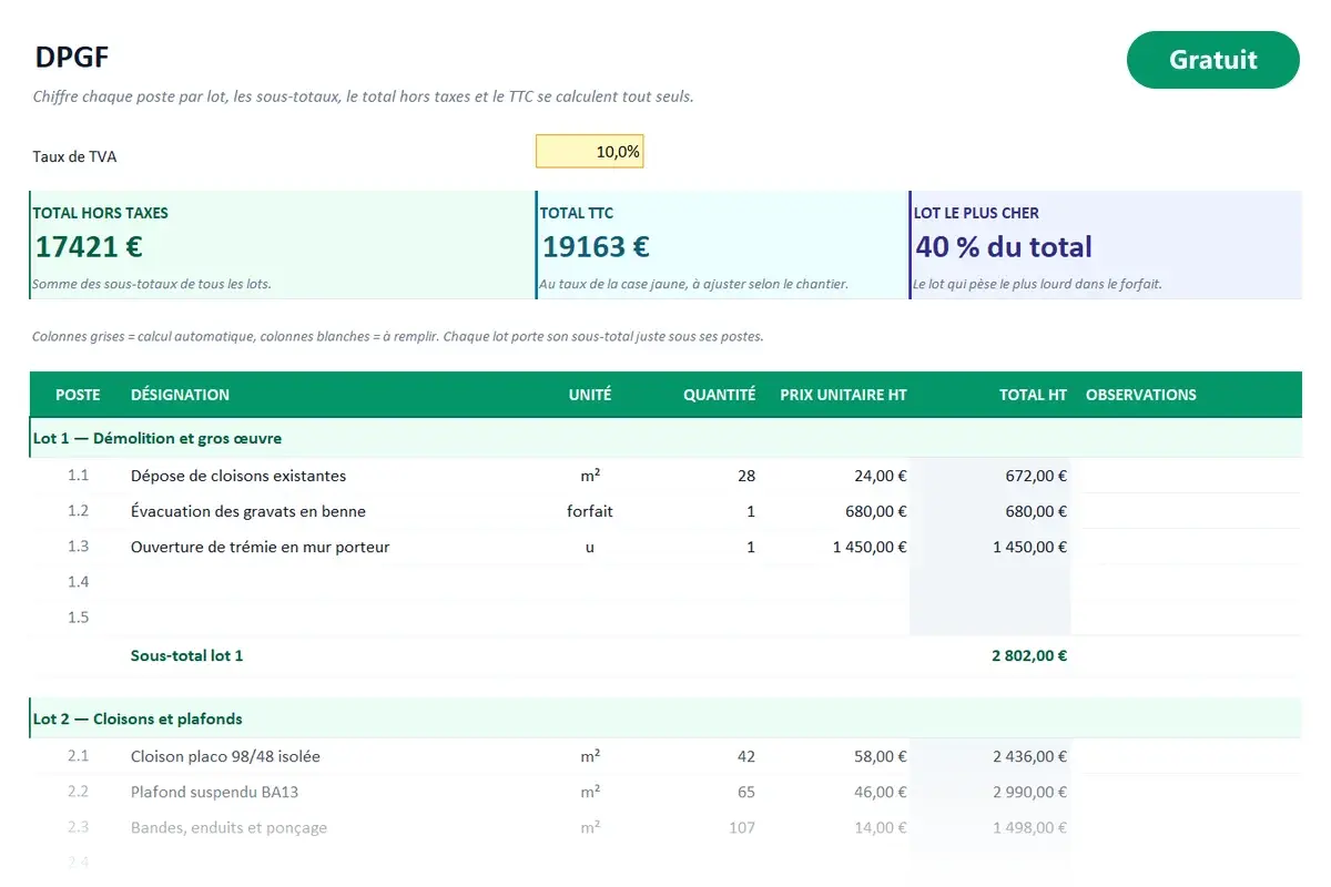 Aperçu du modèle Excel DPGF
