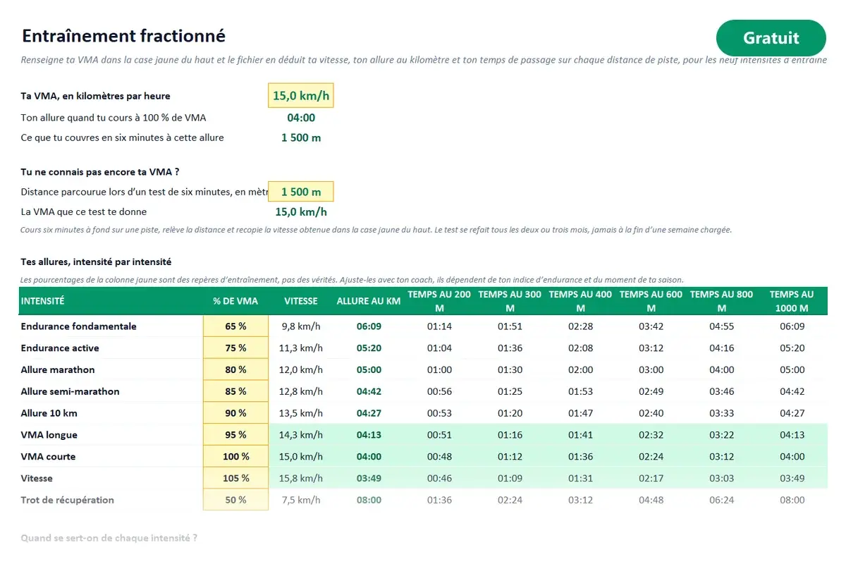 Aperçu du modèle Excel Entraînement fractionné