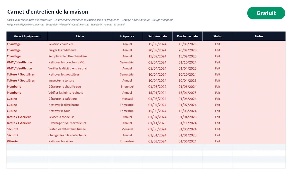 Aperçu du modèle Excel Carnet d'entretien de la maison
