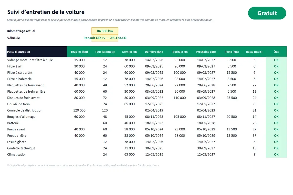 Aperçu du modèle Excel Carnet d'entretien voiture
