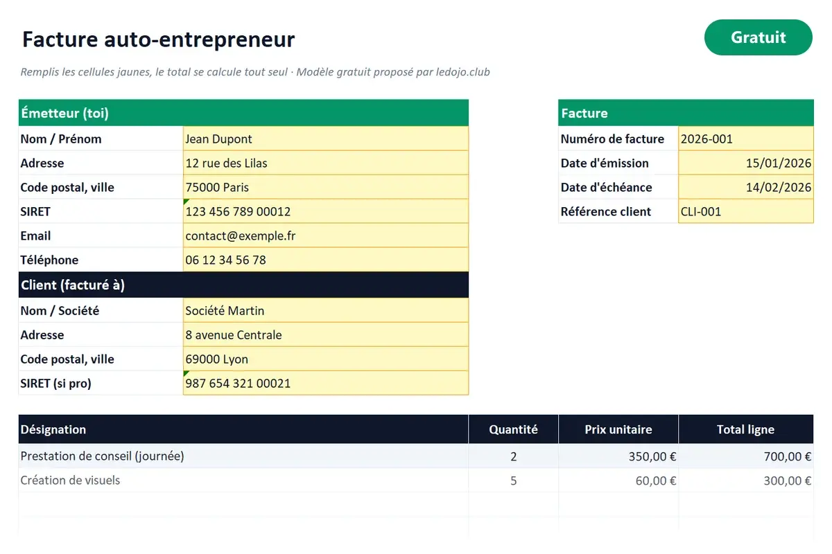 Aperçu du modèle Excel Facture auto-entrepreneur