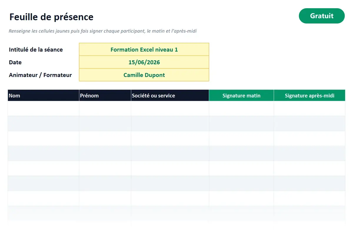 Aperçu du modèle Excel Feuille de présence