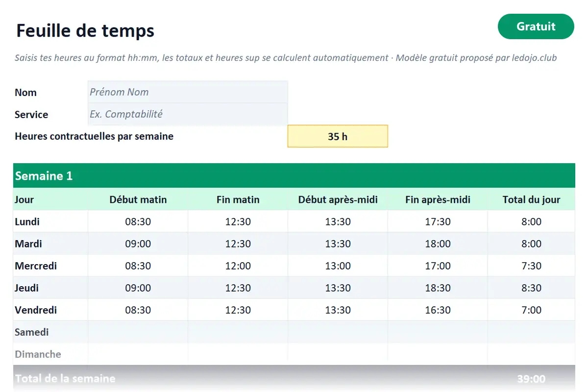 Aperçu du modèle Excel Feuille de temps