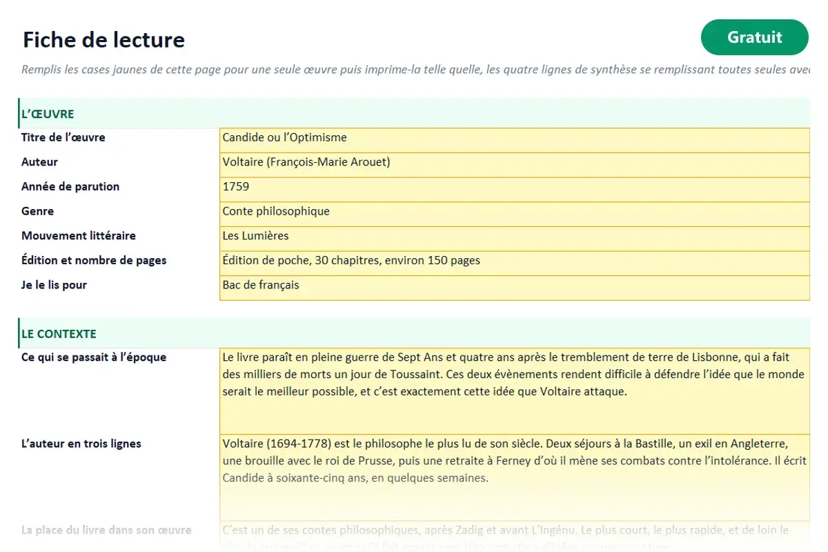 Aperçu du modèle Excel Fiche de lecture