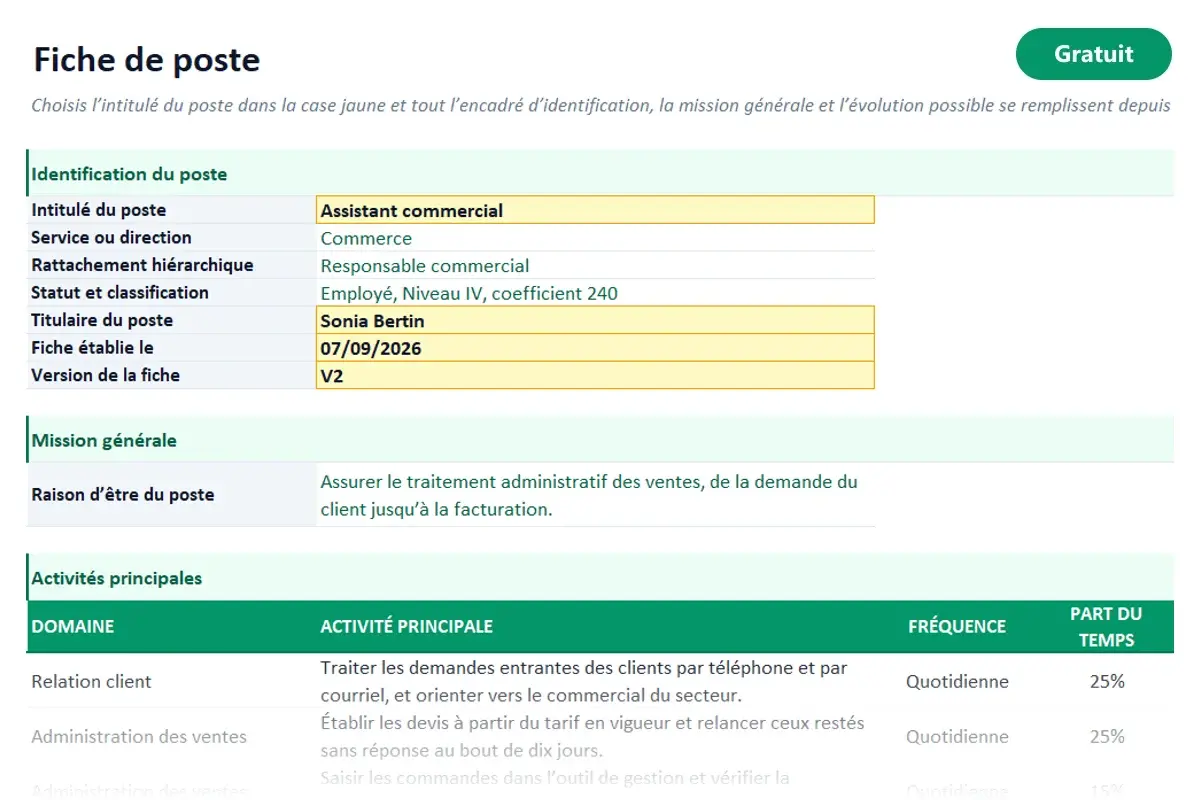 Aperçu du modèle Excel Fiche de poste
