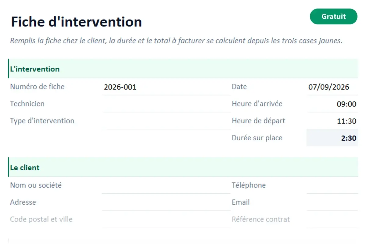 Aperçu du modèle Excel Fiche d'intervention
