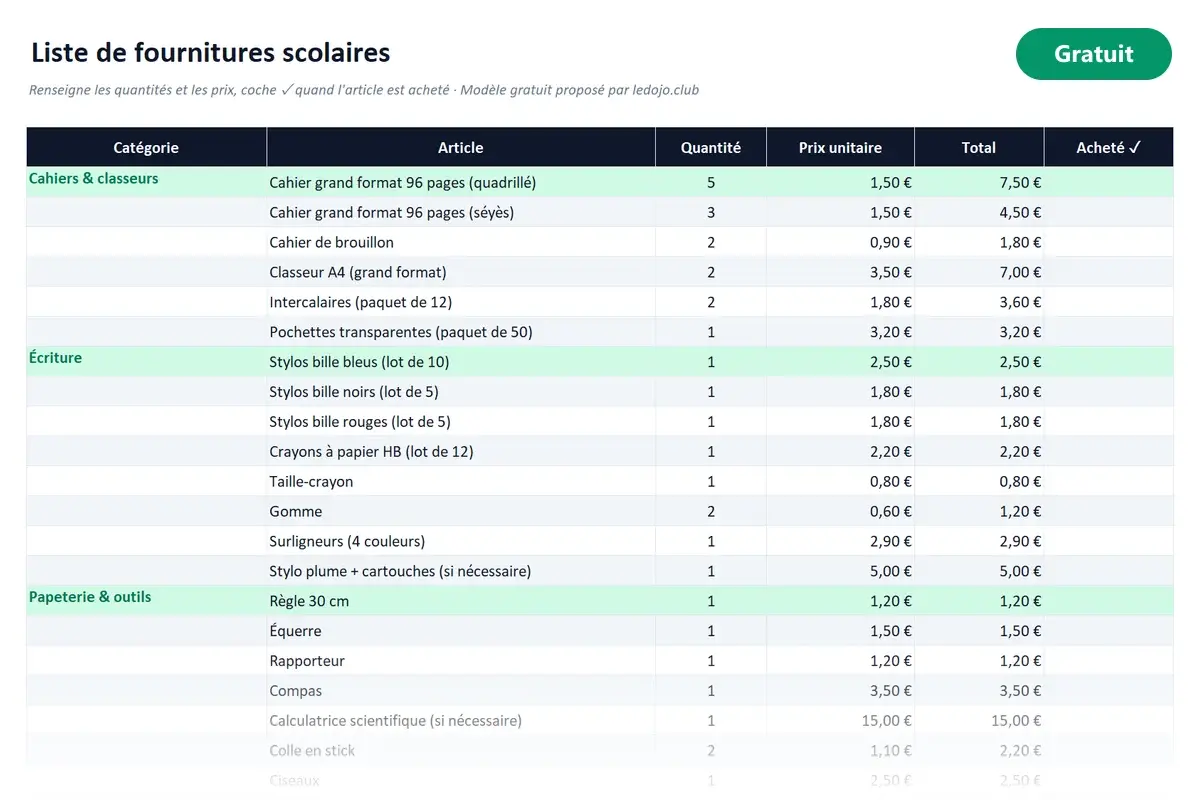 Aperçu du modèle Excel Liste de fournitures scolaires
