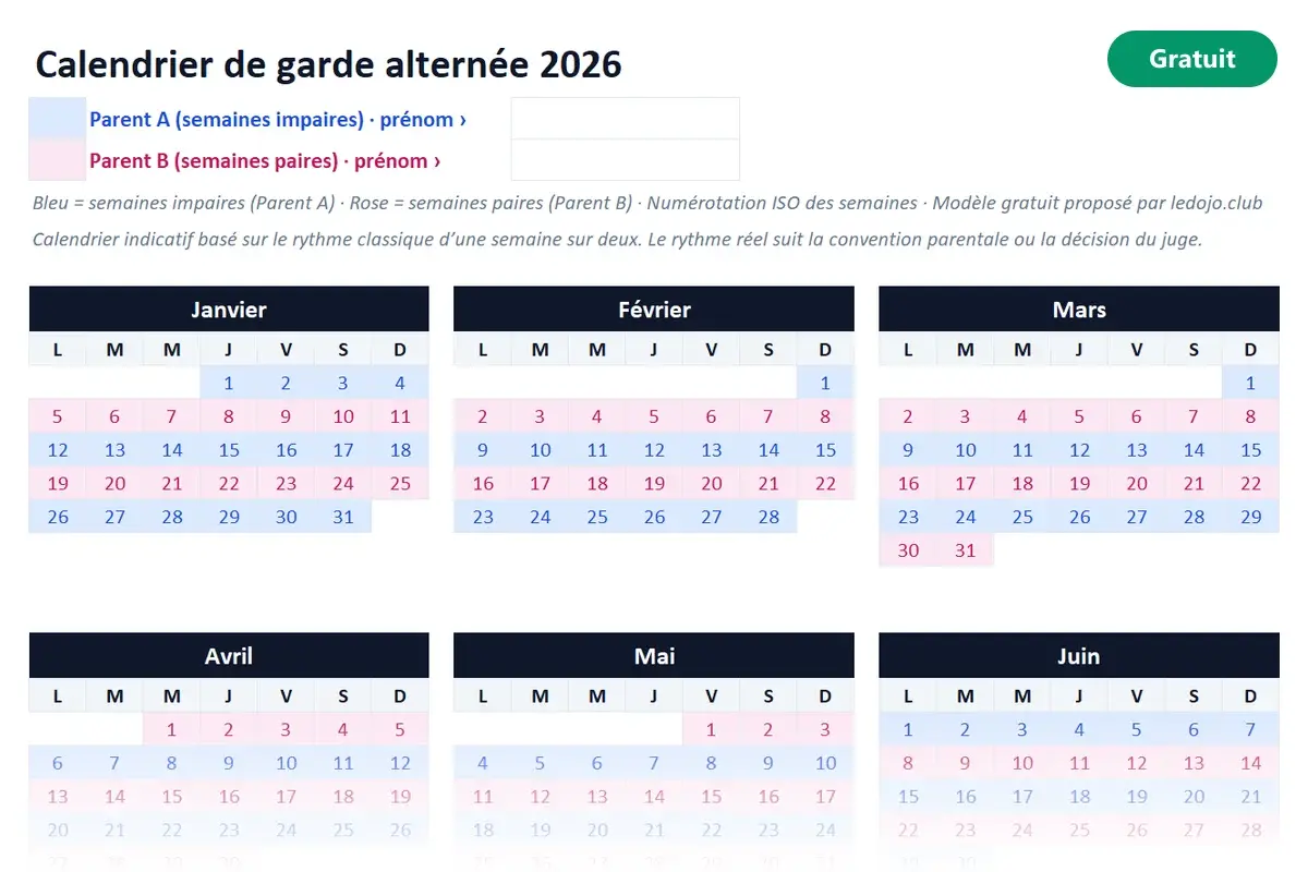 Aperçu du modèle Excel Calendrier de garde alternée