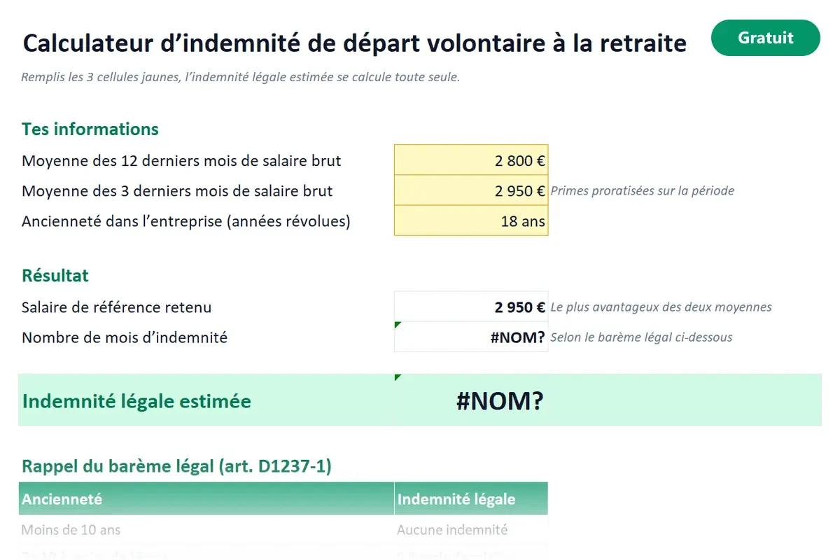 Aperçu du modèle Excel Indemnité de départ à la retraite