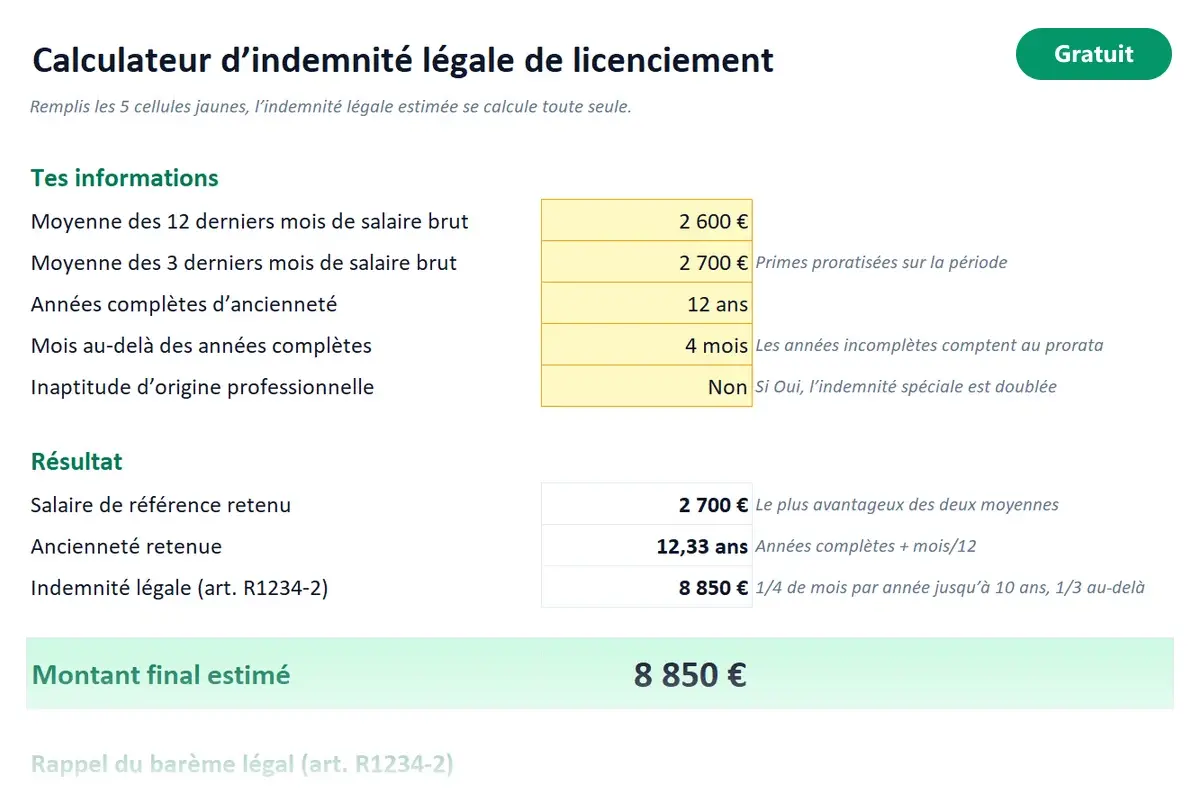 Aperçu du modèle Excel Indemnité de licenciement